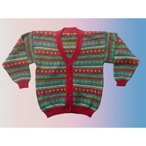 Kids Hand Knit Bright Striped Chilean Cardigan Button Down Sweater 12 Multicolor